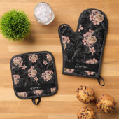 ブラック&ピンクシック不気味ハロウィーンの名前 鍋つかみ&鍋敷きセット (トップダウン)