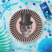 ブラック&ピンクストライプのスカルプレート ペーパープレート (パーティー)