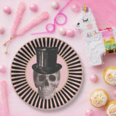 ブラック&ピンクストライプのスカルプレート ペーパープレート (パーティー)