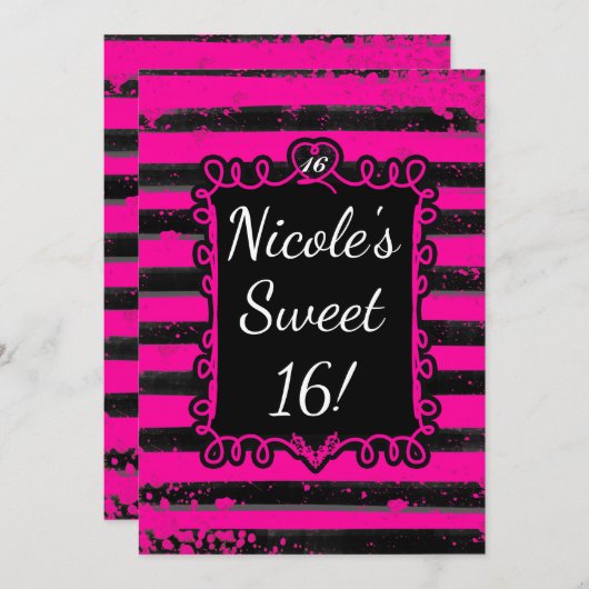 ブラック&ピンクストライプググランジラムパーティの招待状 招待状 (正面/裏面)