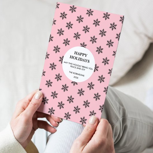 ブラック&ピンクスノーフレークハッピーホリデーカード