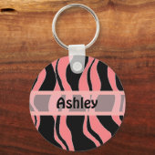 ブラック&ピンクゼブラストライプキーチパーソナライズされたェーン キーホルダー (正面)