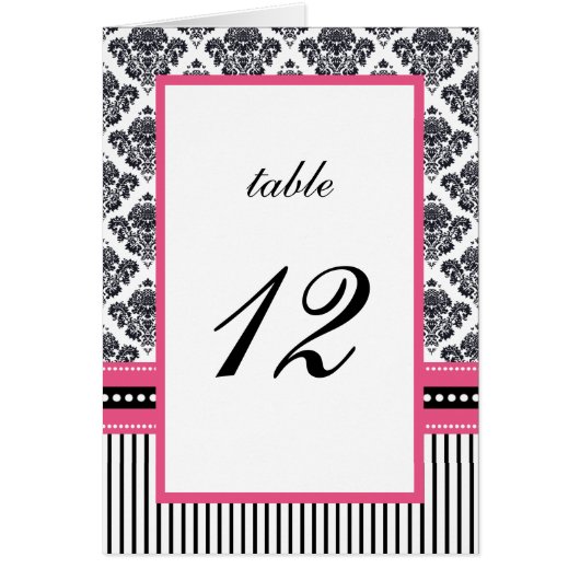 ブラック&ピンクダマスクストライプズ結婚のテーブル番号 (正面)