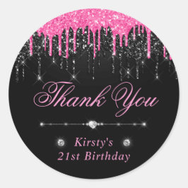 ブラック&ピンクドリッピンググリッター誕生日 ラウンドシール