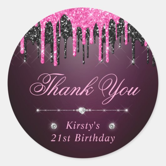 ブラック&ピンクドリッピンググリッター誕生日 ラウンドシール (正面)