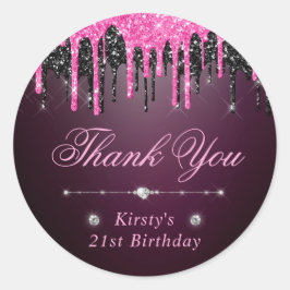 ブラック&ピンクドリッピンググリッター誕生日 ラウンドシール
