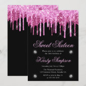 ブラック&ピンクドリッピンググリッターSweet sixteen 招待状 (正面/裏面)