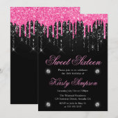 ブラック&ピンクドリッピンググリッターSweet sixteen 招待状 (正面/裏面)