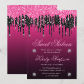 ブラック&ピンクドリッピンググリッターSweet sixteen 招待状 (正面/裏面)