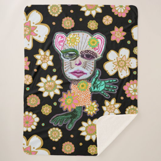 ブラック&ピンクドロリーフローラbyNatalie schorr シェルパブランケット (正面)