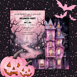 ブラック&ピンクパステルゴシック墓地ハローウィンパーティ 招待状