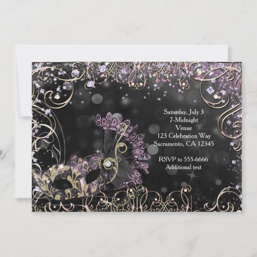 ブラック&ピンクパープルマスカレードコスチュームマスクパーティー 招待状 (裏面)