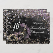 ブラック&ピンクパープルマスカレードコスチュームマスクパーティー 招待状 (正面/裏面)