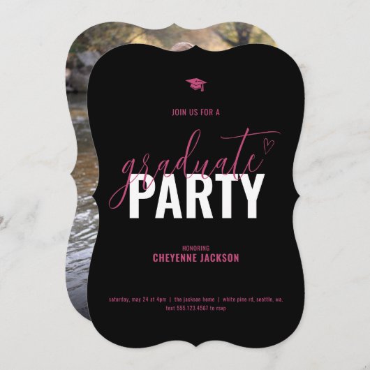 ブラック&ピンクフォト卒業パーティー招待状 招待状 (正面/裏面)
