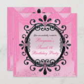 ブラック&ピンクフレファンシーームスイート16パーティの招待状 招待状 (正面/裏面)