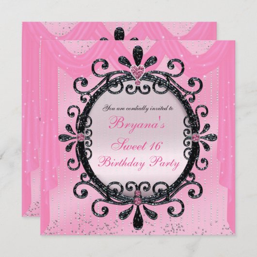 ブラック&ピンクフレファンシーームスイート16パーティの招待状 招待状 (正面/裏面)