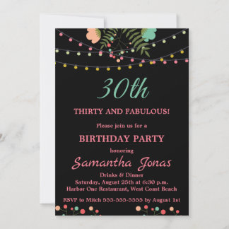 ブラック&ピンクフローラデザイン30th誕生日パーティー 招待状