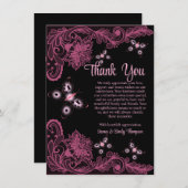 ブラック&ピンクフローラレース結婚の記念日 サンキューカード (正面/裏面)
