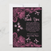 ブラック&ピンクフローラレース結婚の記念日 サンキューカード (正面)