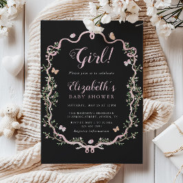 ブラック&ピンクブロッサムフローラガールベビーシャワー 招待状