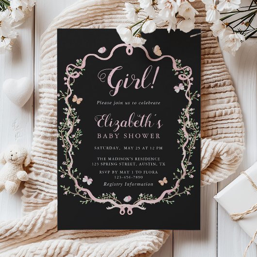 ブラック&ピンクブロッサムフローラガールベビーシャワー 招待状