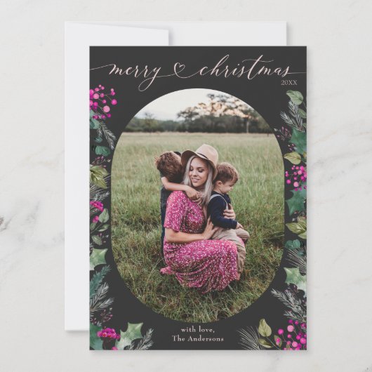 ブラック&ピンクボホエレガントフォトメリークリスマス シーズンカード (正面)