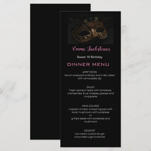 ブラック&ピンクミニマリスト甘い16マスカレードマスク メニュー (正面/裏面)