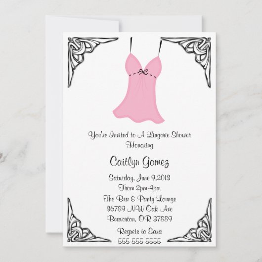 ブラック&ピンクランジェリーブライダルシャワー招待 招待状 (正面)
