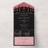 ブラック&ピンクローズ金ゴールドグリッタードリップ結婚ズ オールインワン招待状 (内側)