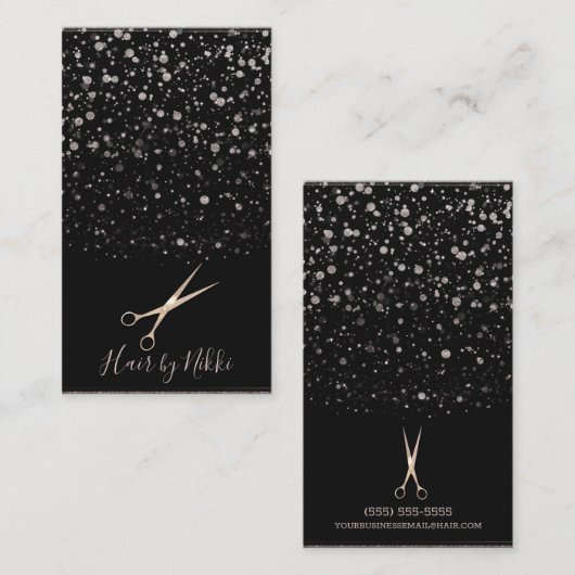 ブラック&ピンクローズ金ゴールド銀河系ドット(ばちゃばちゃ)跳ねるスタイリスト 名刺 (正面/裏面)