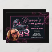 ブラック&ピンクローラーブレード輝くスパークル誕生日 招待状 (正面/裏面)
