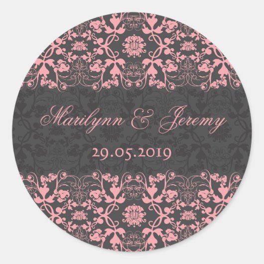 ブラック&ピンクヴィンテージダマスクレース結婚式の引き出物 ラウンドシール (正面)