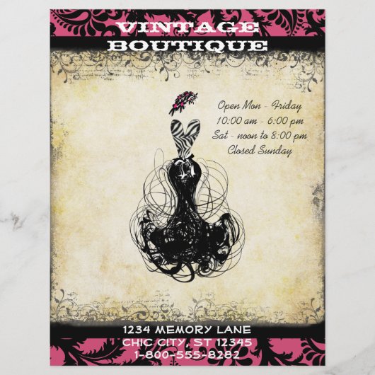 ブラック&ピンクヴィンテージドレスブティックまたはビジネス チラシ (正面)
