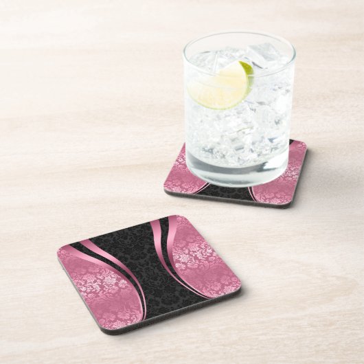 ブラック&ピンクヴィンテージフローラダマスクパターン コースター (右側)