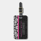 ブラック&ピンクヴィンテージフローラダマスク ラゲッジタグ (正面縦)