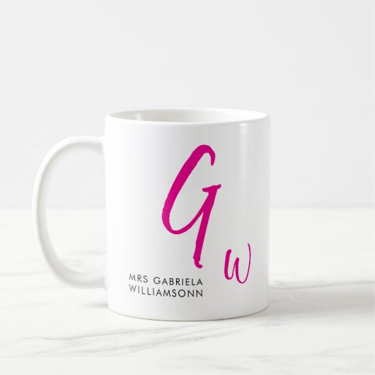 ブラック&ピンク文字モノグラム結婚ミセス コーヒーマグカップ (左)