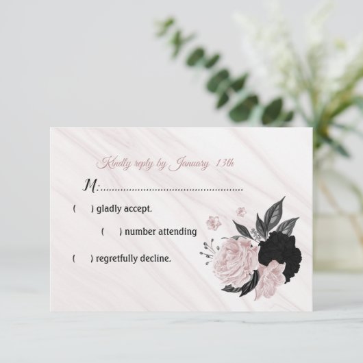 ブラック&ピンク花大理石RSVPカード 出欠カード (スタンド正面)