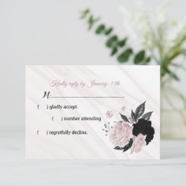 ブラック&ピンク花大理石RSVPカード 出欠カード