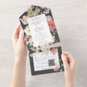 ブラック&ピンク赤面ボホフラワーズQRコード オールインワン招待状 (貼ってはがせる)