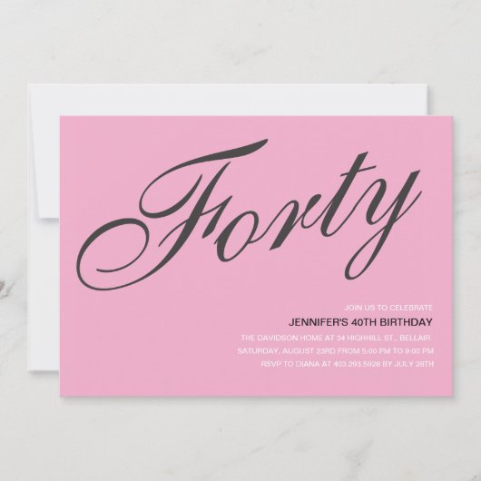 ブラック&ピンク40歳の誕生日招待状 招待状 (正面)