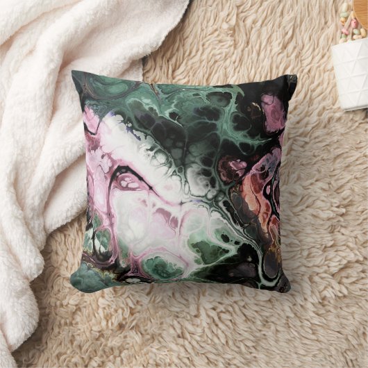 ブラック、ピンク、およびグレーグリーンの抽象芸術絞り染め大理石 クッション (ブランケット)