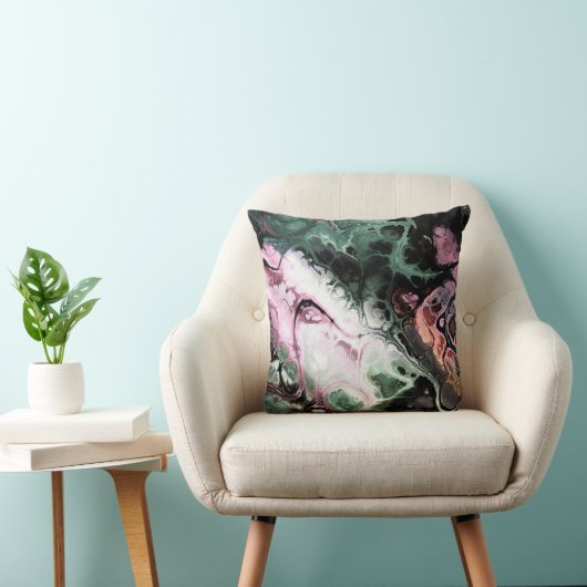 ブラック、ピンク、およびグレーグリーンの抽象芸術絞り染め大理石 クッション (椅子)