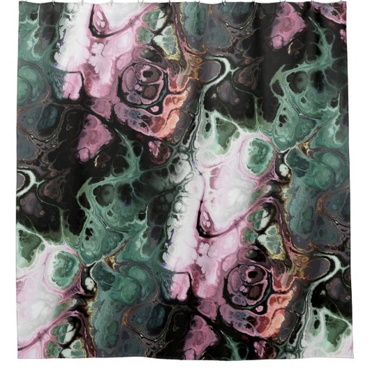 ブラック、ピンク、およびグレーグリーンの抽象芸術絞り染め大理石 シャワーカーテン (正面)
