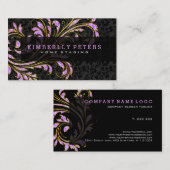 ブラック、ピンク、および金ゴールドフローラ旋回グリッター 名刺 (正面/裏面)