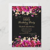 ブラック ピンク ゴールド フラワー 100歳の誕生日パーティー 招待状 (正面)