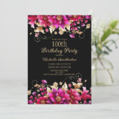 ブラック ピンク ゴールド フラワー 100歳の誕生日パーティー 招待状 (スタンド正面)