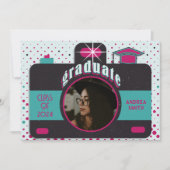 ブラック ピンク ティール ヴィンテージ 卒業 フォト レトロ ドット 招待状 (正面)