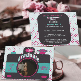 ブラック ピンク ティール ヴィンテージ 卒業 フォト レトロ ドット 招待状