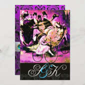 ブラック ピンク パープル 自転車 ウェディング ダマスク モノグラム 招待状 (正面/裏面)