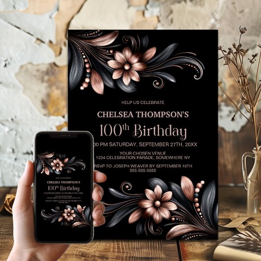 ブラック ピンク フラワー 100歳の誕生日パーティー 招待状